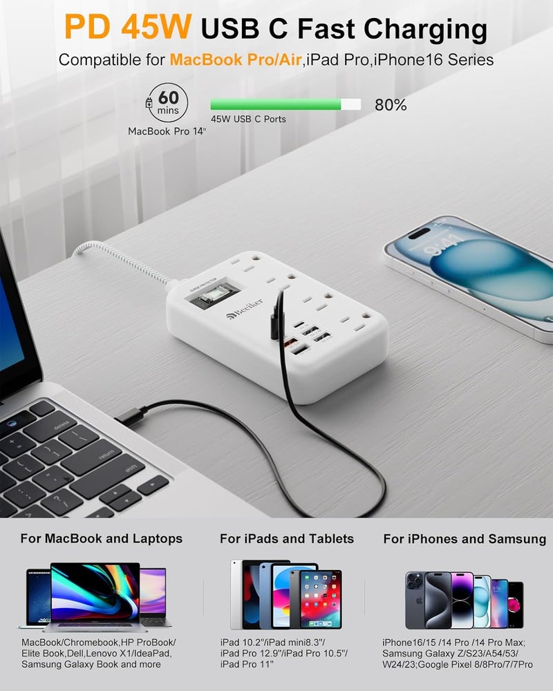 Beeiker 45W USB C Travel Power Strip- PD 45W Fast Charging Station with 6 USB(2 USB C) Ports and 4 Outlets,5Ft Flat Plug Braided Extension Cord Surge Protector for MacBook Laptops iPad Pro iPhone Samsung 13A - Image 3